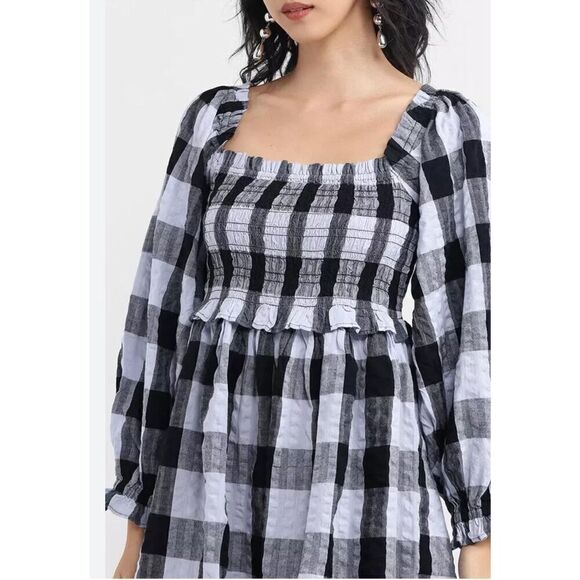TOPSHOP SHIRRING SEERSUCKER CHECK PUFF SLEEVE MINI DRESS Size 10 - Picture 5 of 11